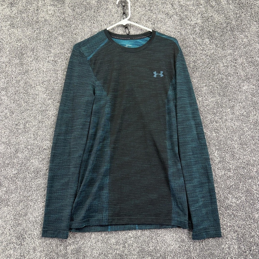 Under Armour Shirt Mens Medium Blue Threadborne HeatGear Fitted Long Sleeve Tee